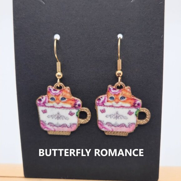 Butterfly Romance Ginger Cat Victorian Teacup Earrings – Handmade & Customizable - Picture 1 of 14